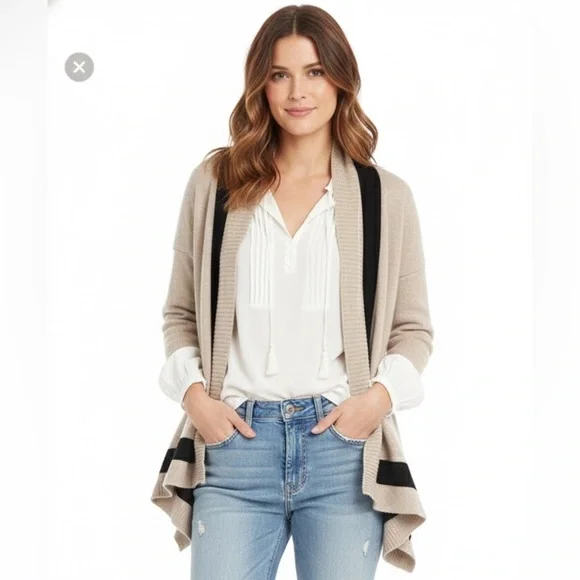 Banana Republic Open Front Cardigan Sweater Cream Black Small Merino Wool Blend - Picture 11 of 11